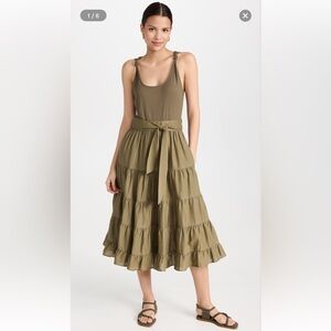 PAIGE Dark Brushed Olive Green Tiered Midi Dress Size Large